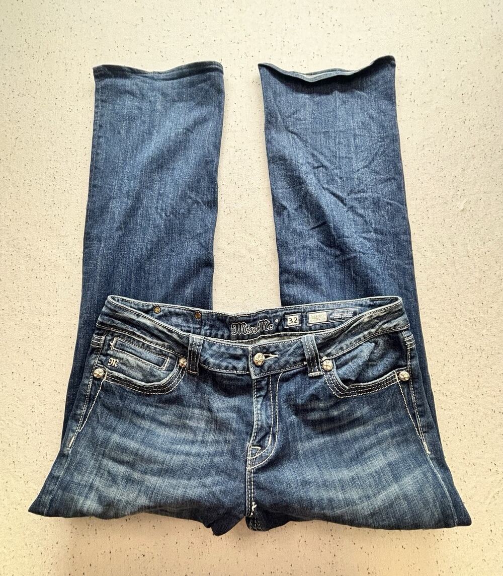 Miss Me Easy Boot Jeans Womens Size 32 Buckle Exclusive Fleur De Lis Bling $100